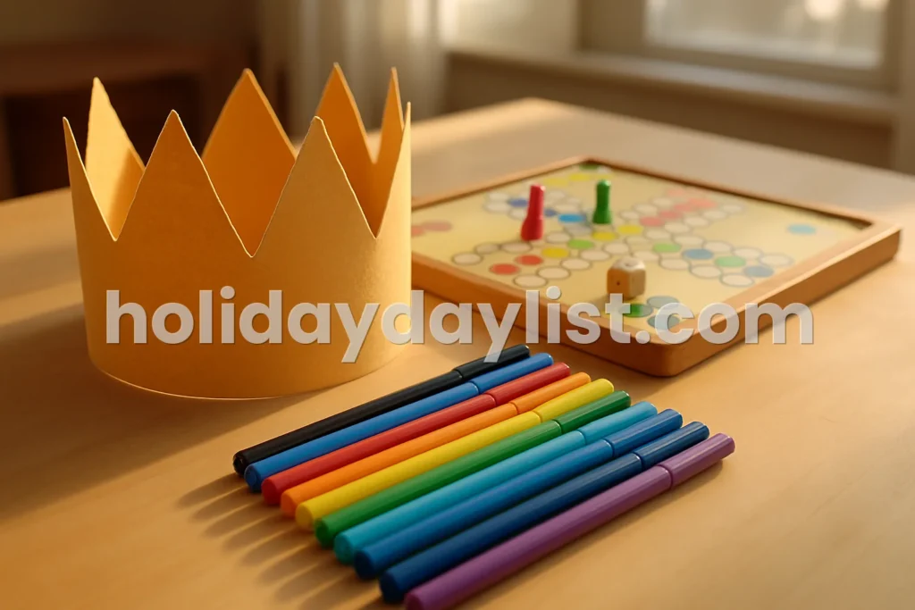 A handmade paper birthday crown beside a board game and colorful markers on a table