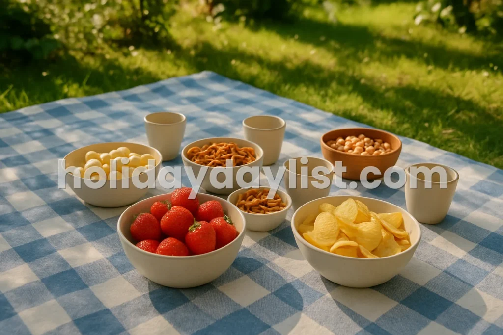 A picnic blanket with bowls of snacks and cups arranged in a sunny garden