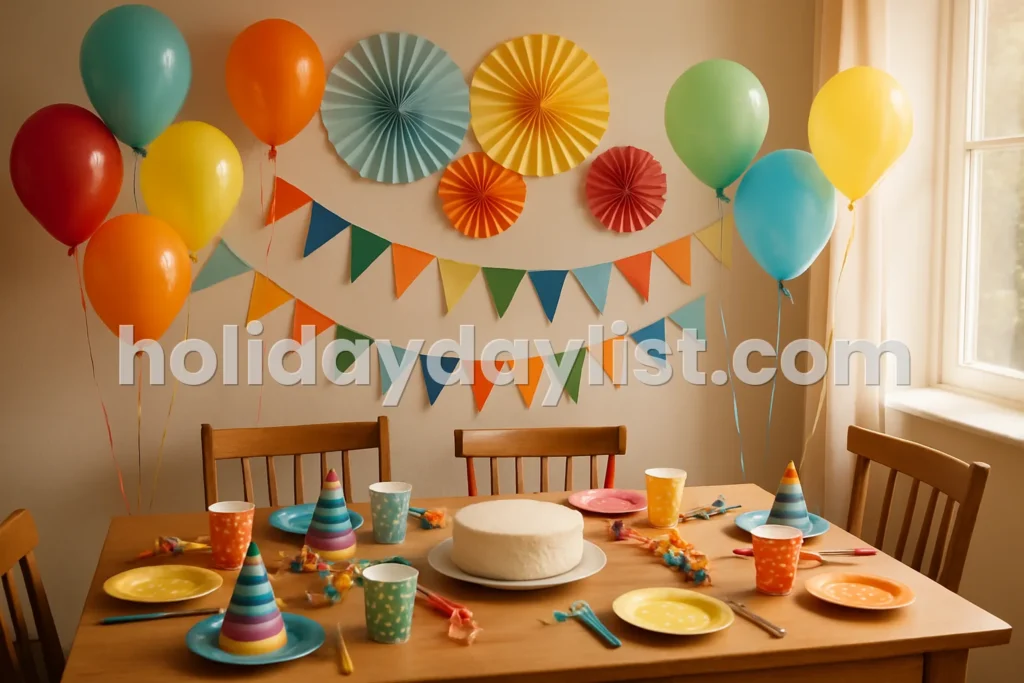 Colorful balloons, paper decorations, and a simple birthday table set up at home