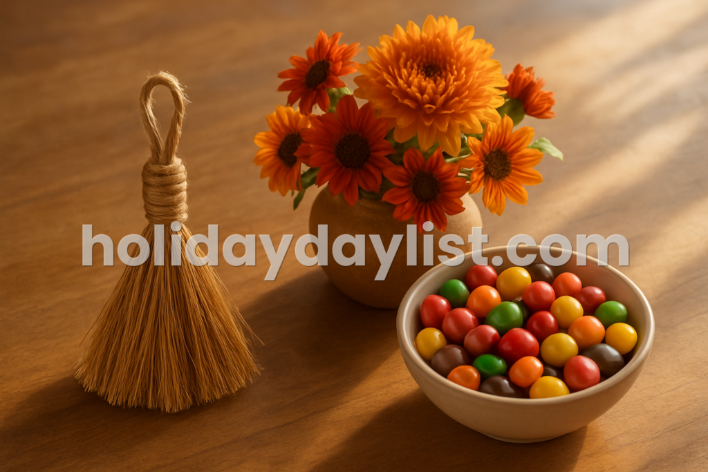 A cheerful tabletop with a tiny broom, autumn flowers, and a bowl of colorful candy