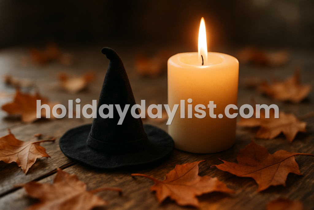 A small witch hat beside a glowing candle and scattered autumn leaves