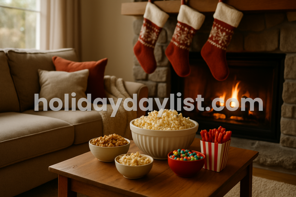 A cozy living room with popcorn, movie snacks, and stockings hanging by the fireplace