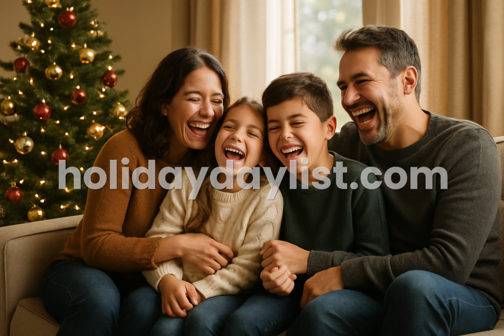 A family laughing together on a sofa beside a decorated Christmas tree