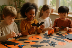Children making paper bats and pumpkins at a craft table with scissors, paper, and glue