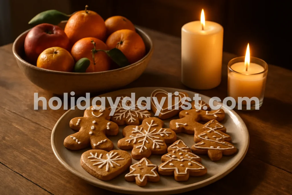 A table set with gingerbread biscuits, a bowl of fruit, and festive candles