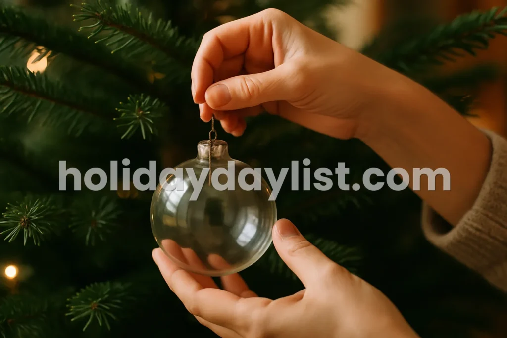 Hands placing a glass ornament on the branches of an evergreen tree