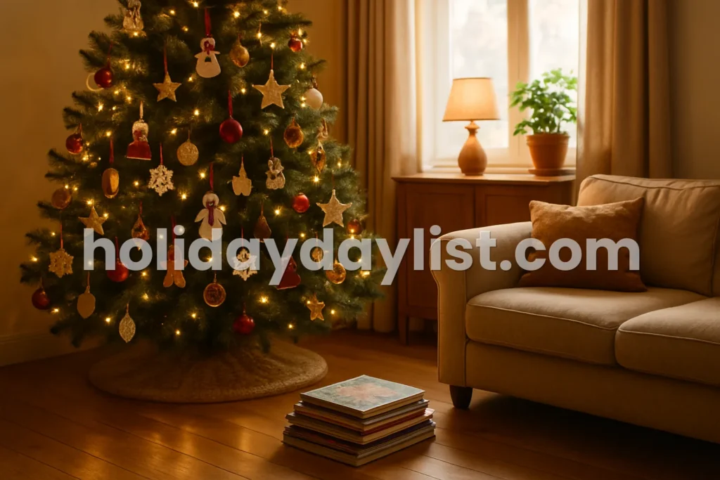 a warmly lit living room with a decorated Christmas tree, handmade ornaments, and a stack of picture books