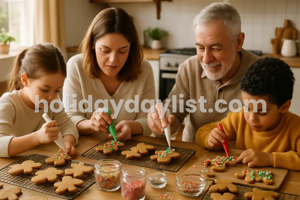 family members decorating gingerbread cookies at a kitchen table with icing, sprinkles, and cooling racks