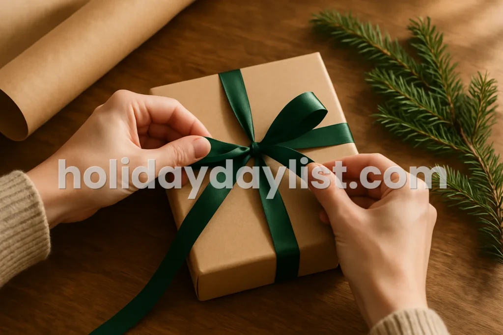 hands tying a simple ribbon around a reusable gift box beside kraft paper and evergreen sprigs